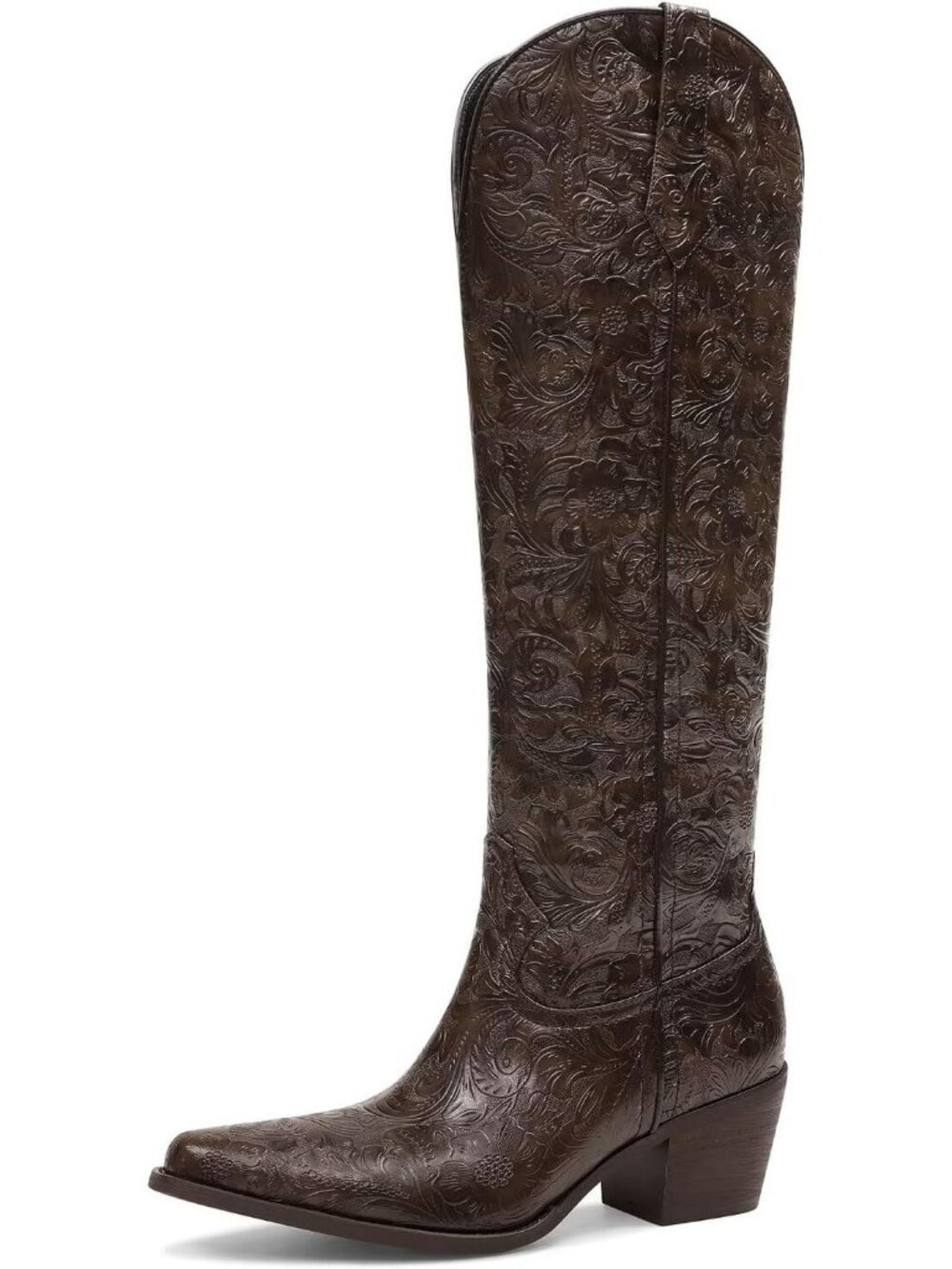 Women's Cowgirl Boots Embossed Brown Knee High Western Chunky Heel Pointed Toe